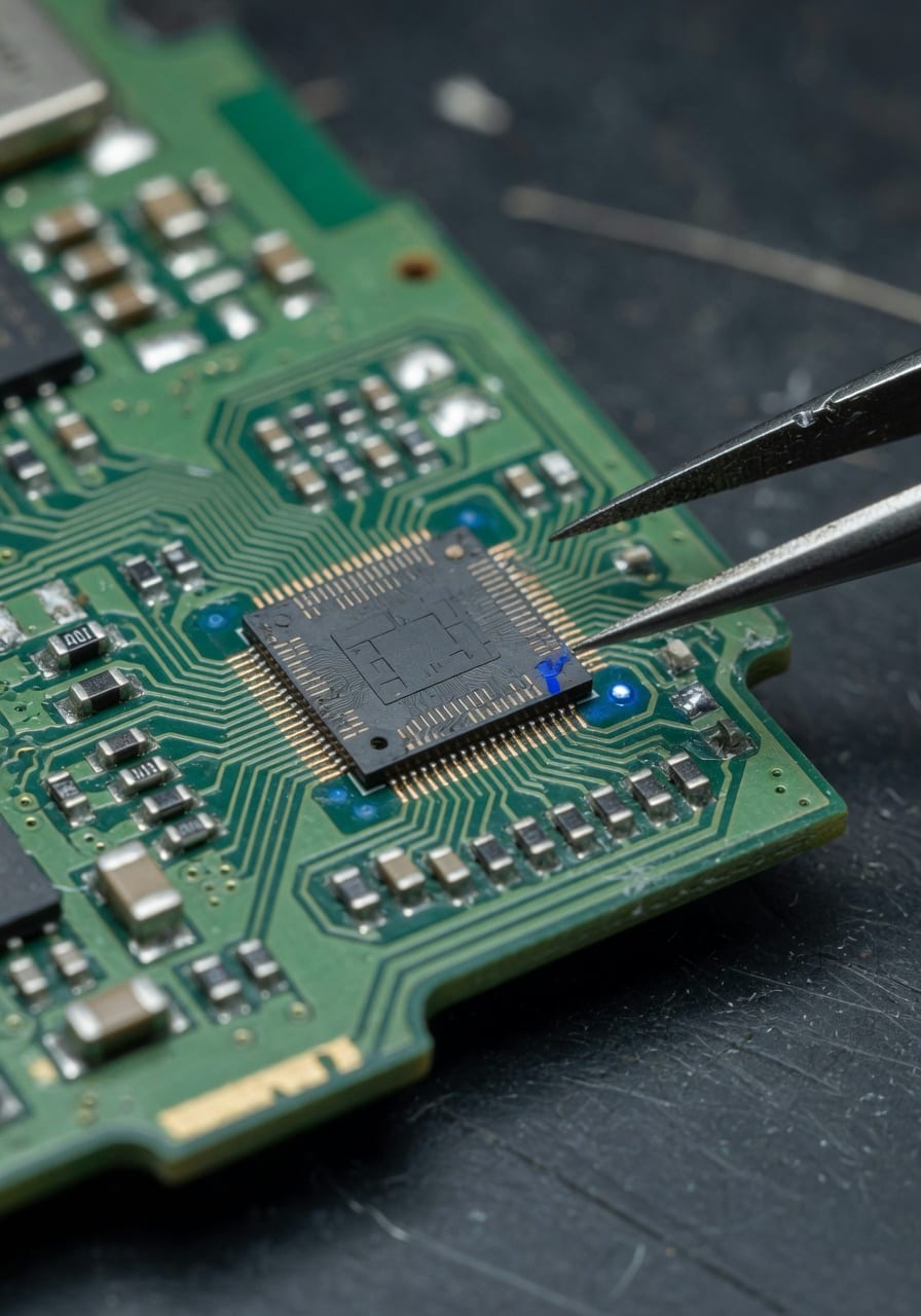 Extreme macro of a custom circuit board and bare silicon die under tweezers.